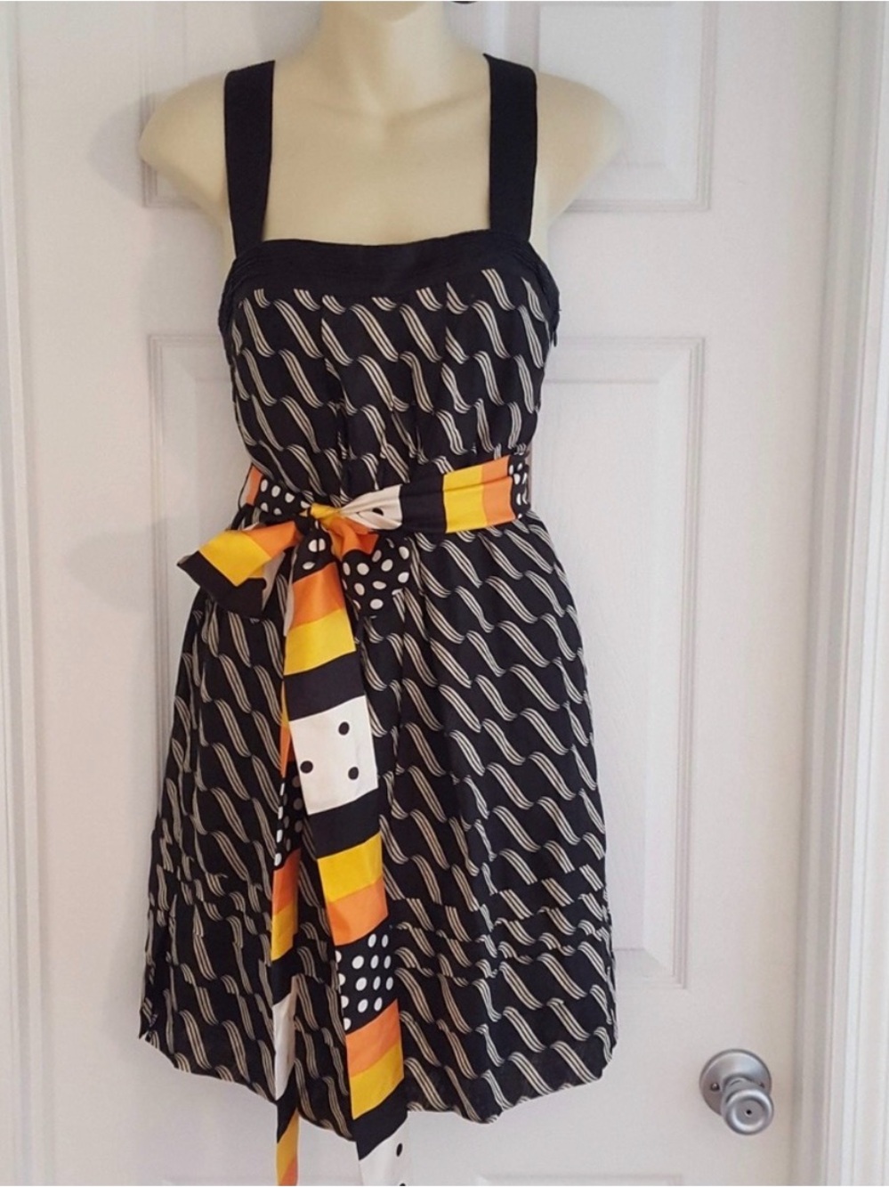 Maeve Black Patterned Mini Dress with Orange Accent Sash - Picture 2 of 6
